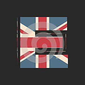 Capital 3d letter E with UK flag texture isolated on black background. Vector illustration. Element for design. Kids alphabet