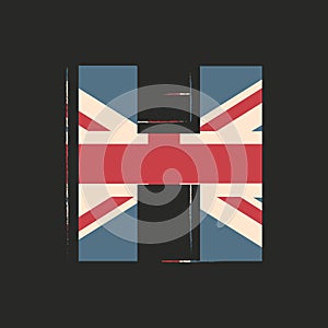 Capital 3d letter H with UK flag texture isolated on black background. Vector illustration. Element for design. Kids alphabet
