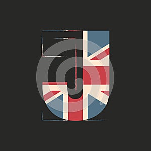 Capital 3d letter J with UK flag texture isolated on black background. Vector illustration. Element for design. Kids alphabet