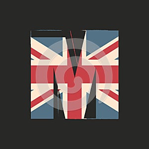 Capital 3d letter M with UK flag texture isolated on black background. Vector illustration. Element for design. Kids alphabet
