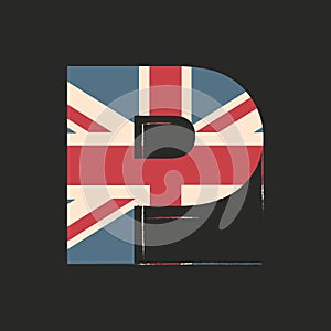 Capital 3d letter P with UK flag texture isolated on black background. Vector illustration. Element for design. Kids alphabet