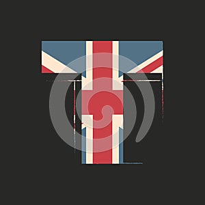 Capital 3d letter T with UK flag texture isolated on black background. Vector illustration. Element for design. Kids alphabet