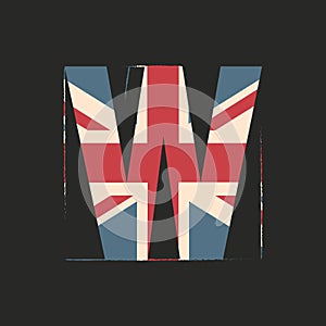 Capital 3d letter W with UK flag texture isolated on black background. Vector illustration. Element for design. Kids alphabet