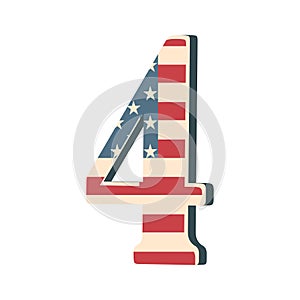 Capital 3d number four with american flag texture isolated on white background. Vector illustration. Element for design. Kids