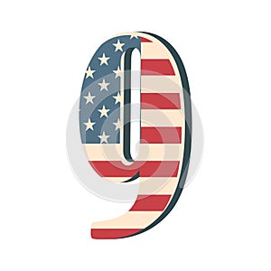 Capital 3d number nine with american flag texture isolated on white background. Vector illustration. Element for design. Kids