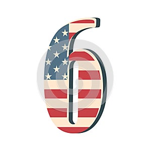 Capital 3d number six with american flag texture isolated on white background. Vector illustration. Element for design. Kids