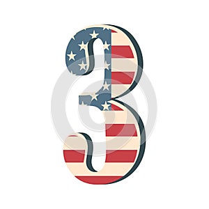 Capital 3d number three with american flag texture isolated on white background. Vector illustration. Element for design. Kids