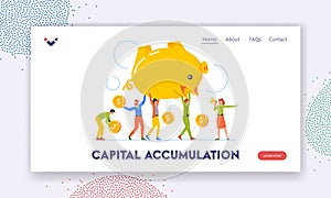 Capital Accumulation Landing Page Template. Tiny Men And Women Carry Huge Piggy Bank With Coins Falling Down