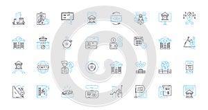 Capital budgeting linear icons set. Investment, Analysis, Finance, Risk, Opportunity, Decision, Budget line vector and