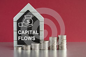 Capital Flows symbol. Concept words Capital Flows on a black board. Silver coins arranged in a graph in front. Beautiful red