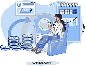 Capital gain metaphor, net income, monetary profit, growing graph up. Economic growth, income from investment