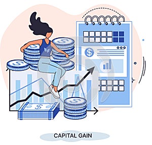 Capital gain metaphor, net income, monetary profit, growing graph up. Economic growth, income from investment