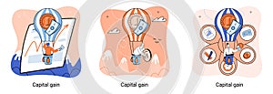 Capital gain metaphor, net income, monetary profit, growing graph up. Economic growth, income from investment