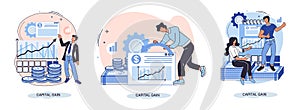 Capital gain metaphor, net income, monetary profit, growing graph up. Economic growth, income from investment