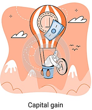 Capital gain metaphor, net income, monetary profit, growing graph up. Economic growth, income from investment