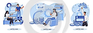 Capital gain metaphor, net income, monetary profit, growing graph up. Economic growth, income from investment