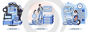 Capital gain metaphor, net income, monetary profit, growing graph up. Economic growth, income from investment