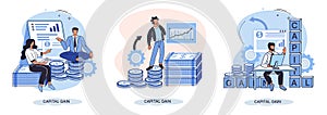 Capital gain metaphor, net income, monetary profit, growing graph up. Economic growth, income from investment