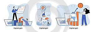 Capital gain metaphor, net income, monetary profit, growing graph up. Economic growth, income from investment