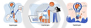 Capital gain metaphor, net income, monetary profit, growing graph up. Economic growth, income from investment