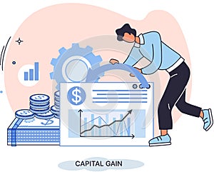 Capital gain metaphor, net income, monetary profit, growing graph up. Economic growth, income from investment