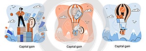 Capital gain metaphor, net income, monetary profit, growing graph up. Economic growth, income from investment