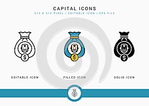 Capital icons set vector illustration with icon line style. Pension fund plan concept.