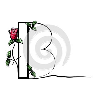 Capital initial letter B with red rose. Decorative font with flower and green leaves for monograms and logos.