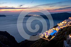 The capital of the island of Santorini Thira at twilight