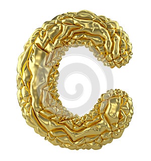 Capital latin letter C made of crumpled gold foil isolated on white background