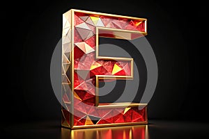 Capital Latin letter E in low poly style red and gold color isolated on black background. 3D rendering photo