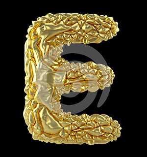 Capital latin letter E made of crumpled gold foil isolated on black background