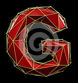 Capital latin letter G in low poly style red and gold color isolated on black background. 3d