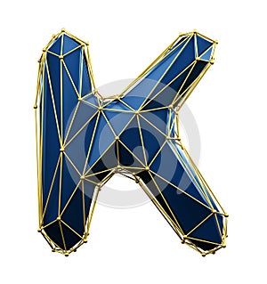 Capital latin letter K in low poly style blue and gold color isolated on white background. 3d