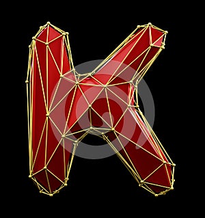 Capital latin letter K in low poly style red and gold color isolated on black background. 3d