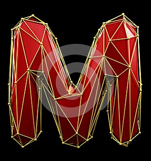 Capital latin letter M in low poly style red and gold color isolated on black background. 3d