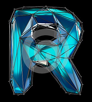 Capital latin letter R in low poly style blue color isolated on black background