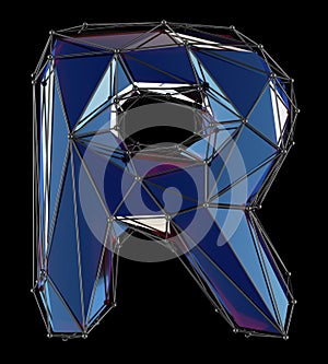 Capital latin letter R in low poly style blue color isolated on black background