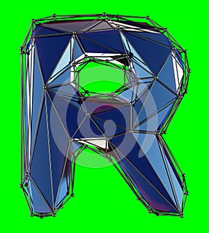 Capital latin letter R in low poly style blue color isolated on green background