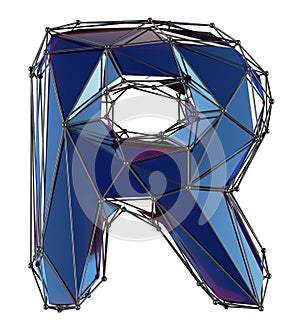 Capital latin letter R in low poly style blue color isolated on white background