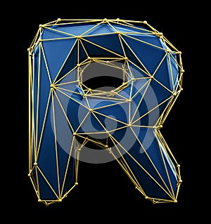 Capital latin letter R in low poly style blue and gold color isolated on black background. 3d