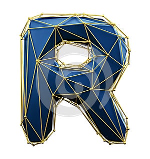 Capital latin letter R in low poly style blue and gold color isolated on white background. 3d