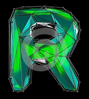 Capital latin letter R in low poly style green color isolated on black background