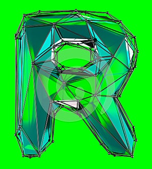 Capital latin letter R in low poly style green color isolated on green background