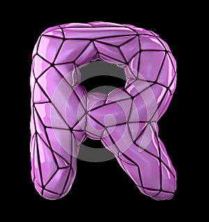 Capital latin letter R in low poly style pink color plastic isolated on black background