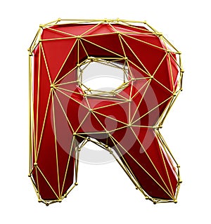 Capital latin letter R in low poly style red and gold color isolated on white background. 3d