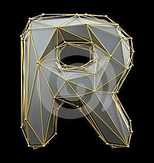Capital latin letter R in low poly style silver and gold color isolated on black background. 3d