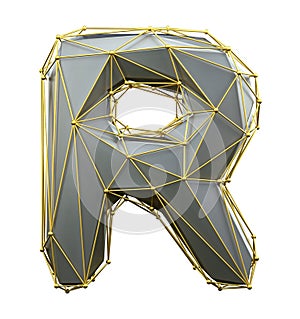 Capital latin letter R in low poly style silver and gold color isolated on white background. 3d