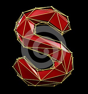 Capital latin letter S in low poly style red and gold color isolated on black background. 3d