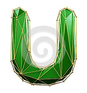 Capital latin letter U in low poly style green and gold color isolated on white background. 3d